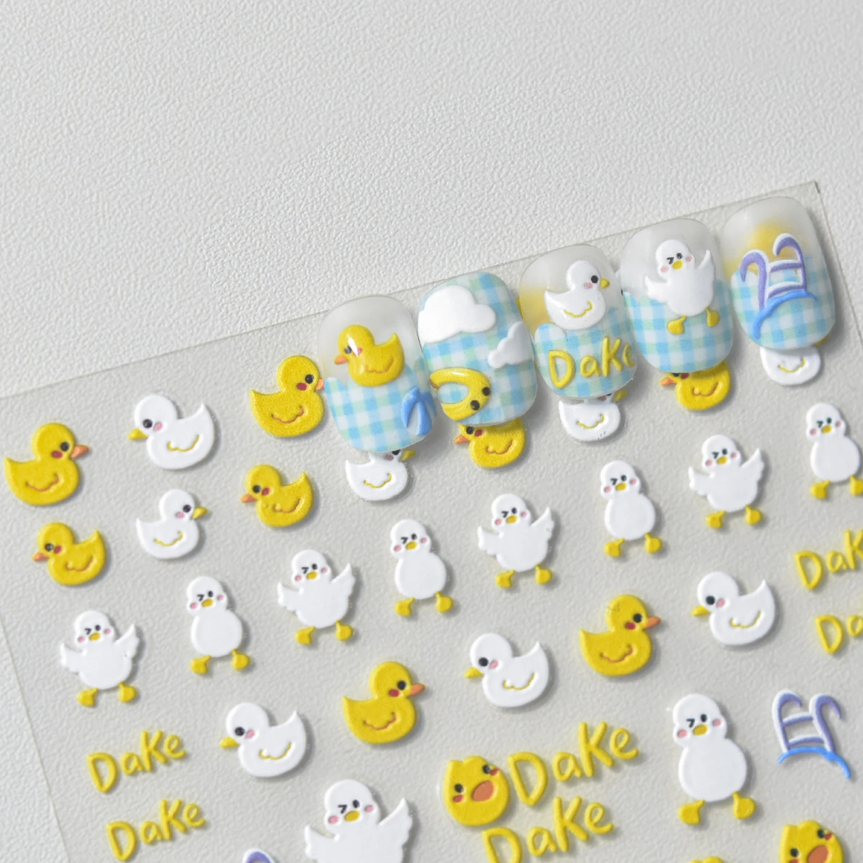 Cute Cartoon Duck Swimming Ring 5D Soft Embossed Relief Self Adhesive Nail Art Stickers Rabbit Poker Manicure Decals Wholesale