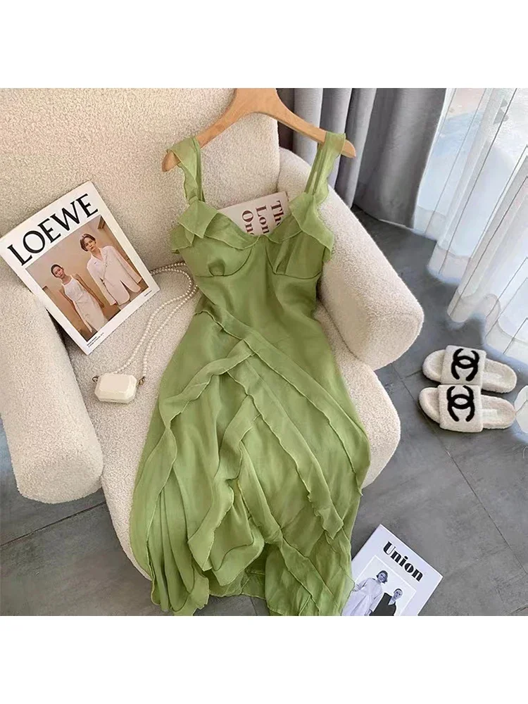 2023 Summer Women Sexy Backless V-Neck Green Suspender Dresses Spring French Elegant Party Princess Dresses Female Clothes