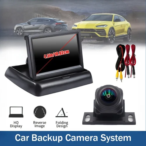 Sistema de marcha atrás de visión nocturna para coche, juego de cámara de visión trasera con pantalla plegable de 4,3 pulgadas, adecuado para coches, camionetas, camiones, vehículos recreativos y SUV