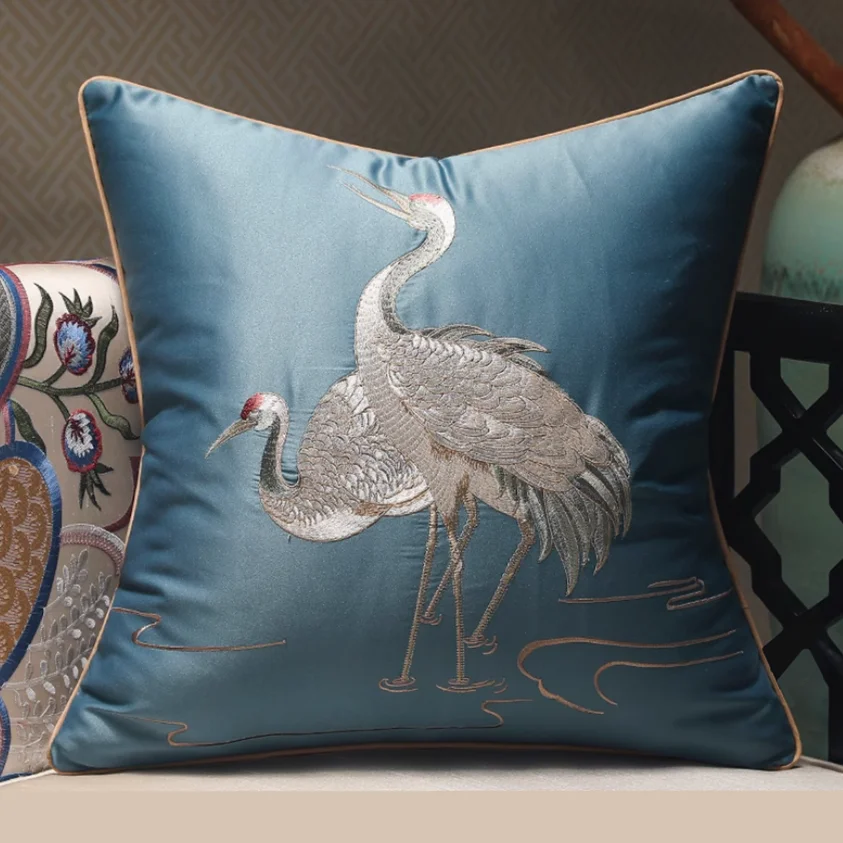 High-end Embroidered Silk-like Birds Square Home Sofa Decorative Crane Pillow Case 4 Colors No Insert