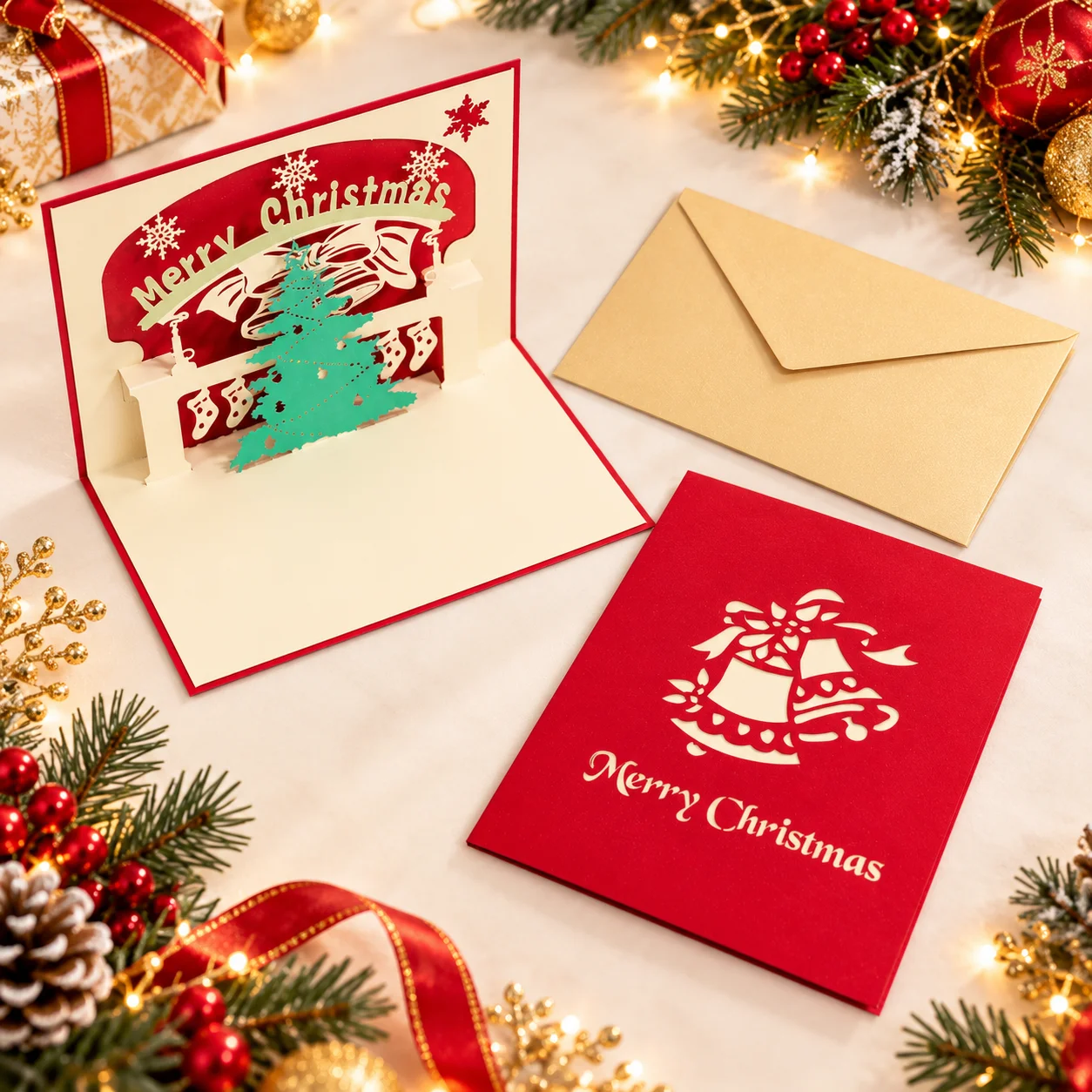 3D Pop-up Christmas Card, Christmas Bell Pattern, Xmas Tree Inner Scene, With Envelope For Holiday Wishes Perfect Gift