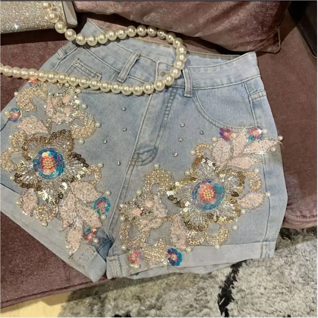 Luxury Pearls Diamonds Beaded Floral Denim Hot Shorts High Waist Thin Flowers Embroidery Sequined Jeans Short Jeans Cowboy Pants