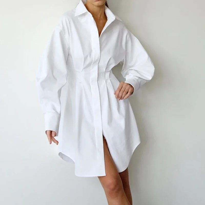 แฟชั่นเดี่ยวจีบ A-Line ชุดผู้หญิงเรียบง่ายแขนยาวชุดฤดูใบไม้ผลิ Slim เสื้อชุด