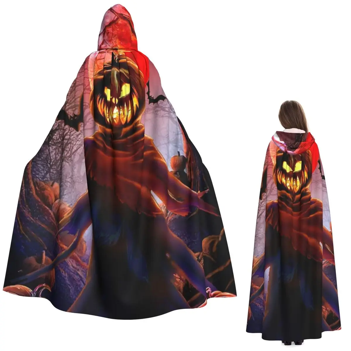 

Jack-O'-Lantern Face And Bats Design Long Hooded Cloak Witch Medieval Costume Cosplay Cape HalloweenParty Adult Unisex