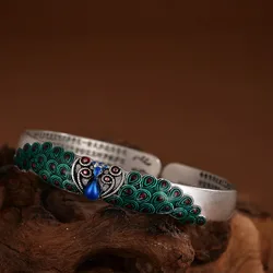 925 Silver Ethnic Style vintage Heart Sutra Peacock bracelet for women Exquisite Blue Green Enamel bangles Banquet Jewelry
