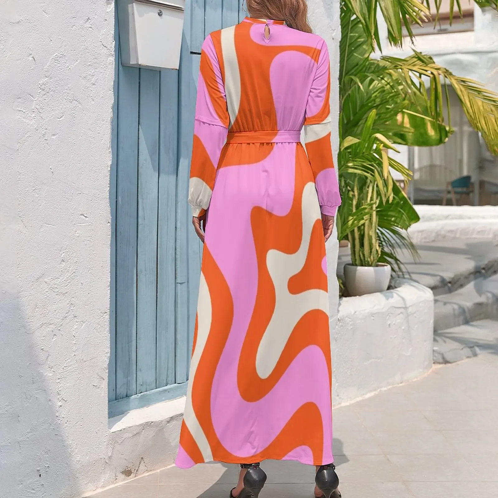 Retro Liquid Swirl Abstract Pattern Hot Pink Bright Orange Cream Long Dress elegant chic women dresses promotion Elegant gowns