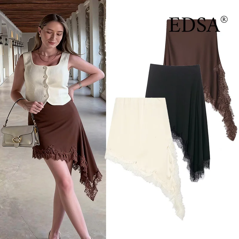 EDSA Damen-Midirock mit asymmetrischer Spitze, Nahtverschluss, hohe Taille, Frühling und Sommer, lässige Urlaubsröcke ﻿ Frauen