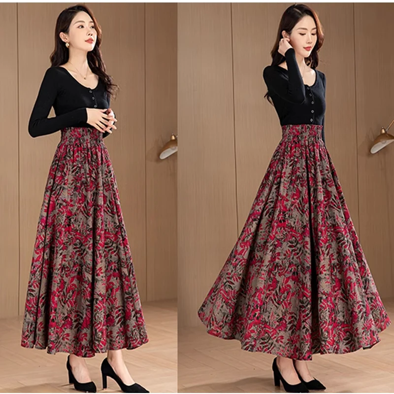 2024 Plus Size 5XL  6XL Spring and Autumn Cotton Linen Vintage Leaf Pattern Female Ladies Skirt Woman a line Skirts Womens
