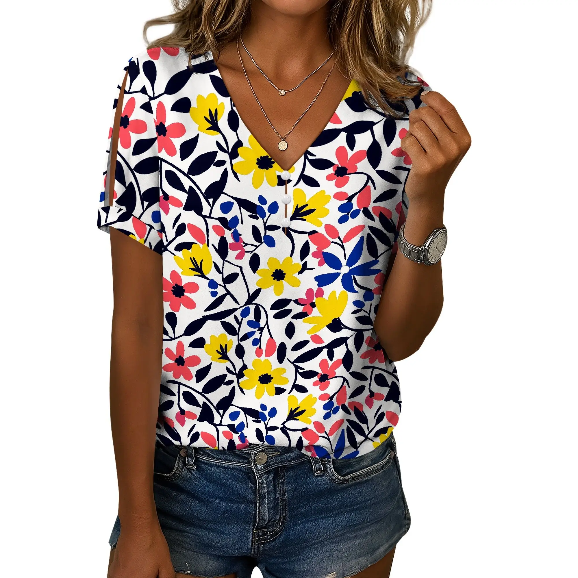 Boho-Oberteile für Damen, Leinenhemden, lässig, V-Ausschnitt, kurze Ärmel, Blumenmuster, elegante Sommer-T-Shirts