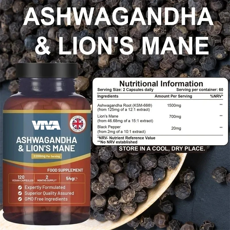 Ashwagandha and Lion’s Mane - Improve Focus, and Boost Immunity, with Black Pepper To Support Cognitive Function & Memory Health
