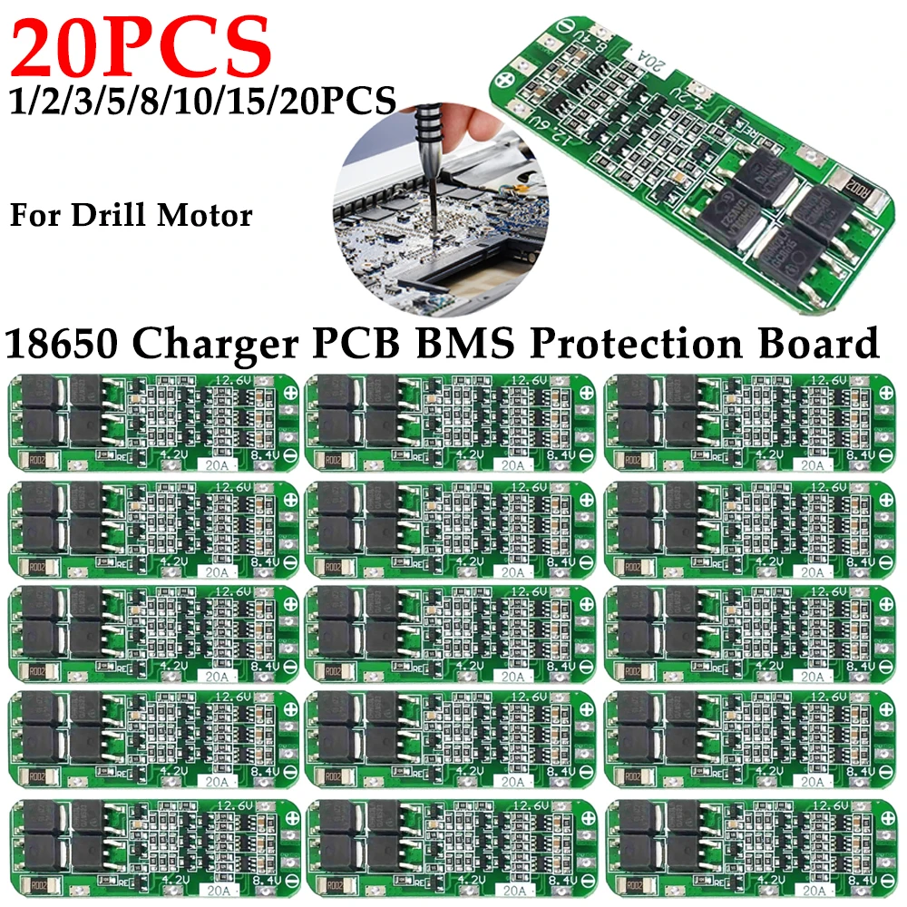 1-20pcs 3S 20A Li-ion Lithium Battery 18650 Charger PCB BMS Protection Board 12.6V 59x20x3.4mm Li-ion Battery for Drill Motor