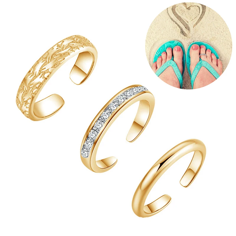 Trio Set Women's Toe Rings, 18K Gold Plated, Adjustable Size, Flower Design for Beach Jewelry