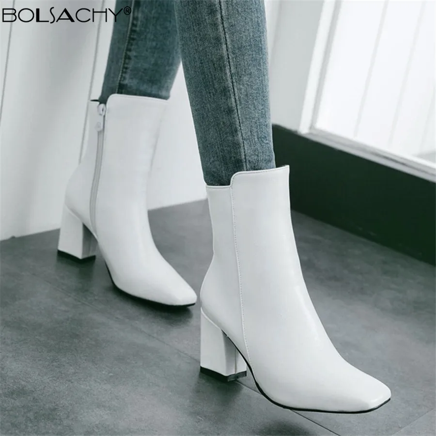 

2023 New Autumn Winter Classics PU Leather Retro Square Toe Zipper Ankle Boots Square Heel Shoes Women Footwear White Red 32-43