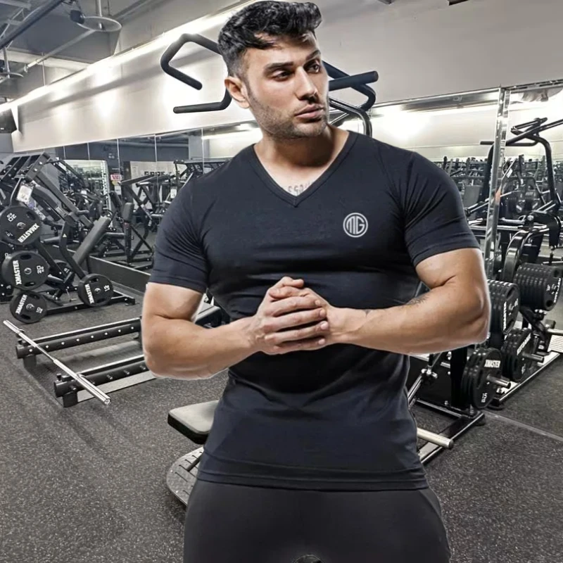 Summer Men Clothing Casual V-neck Shirt Short Sleeve Breathable Cotton T-shirt Male Gym Bodybuilding Muscle Workout Tees Tops