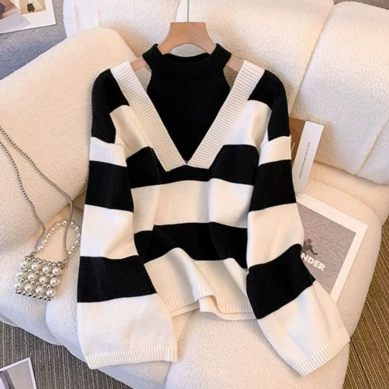 Women Loose Fake Two Piece Knit Sweater Blouse Stripes Halter Hollow V Neck Long Sleeve Soft Stretchy Street Casual Pullover Top