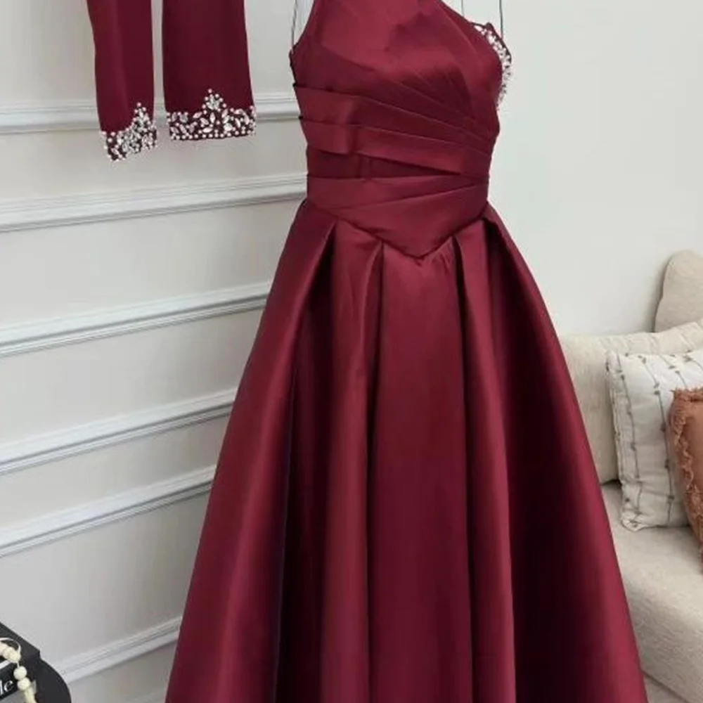 

Customized Exquisite Wine Red Satin and Sparkly Crystal Evening Dress Elegant A-Line Lace Up Back Detachable Sleeve Prom Dresses