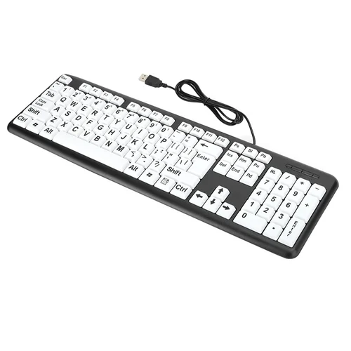 Teclado para personas mayores Teclado negro de baja visión Teclado para personas mayores con cable USB con teclas de impresión grandes blancas Teclado de impresión grande