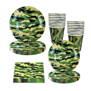 Military Theme Disposable Tableware Plates Cups Napkins Birthday Party Camouflage Field…