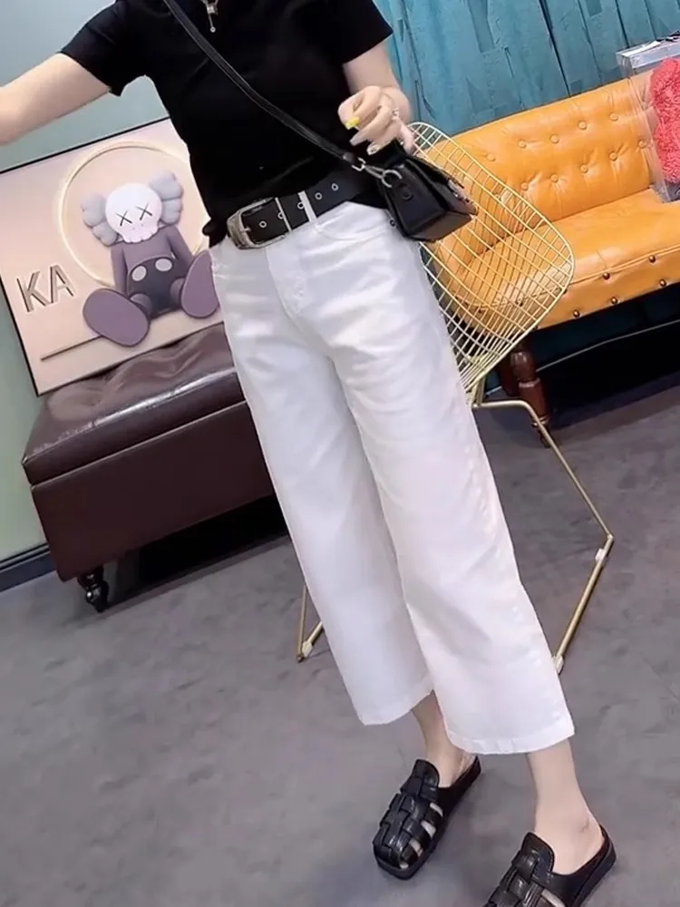 

Белые свободные летние тонкие джинсы с высокой талией, женские повседневные прямые широкие брюки, удобный эффект похудения