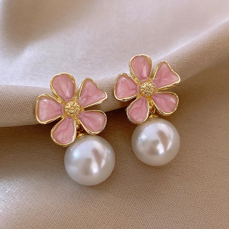 Korean Elegant Pink Enamel Oil Flower Drop Earrings for Women Imitation Pearl Dangle Earrings Wedding Party Sweet Jewelry Gift