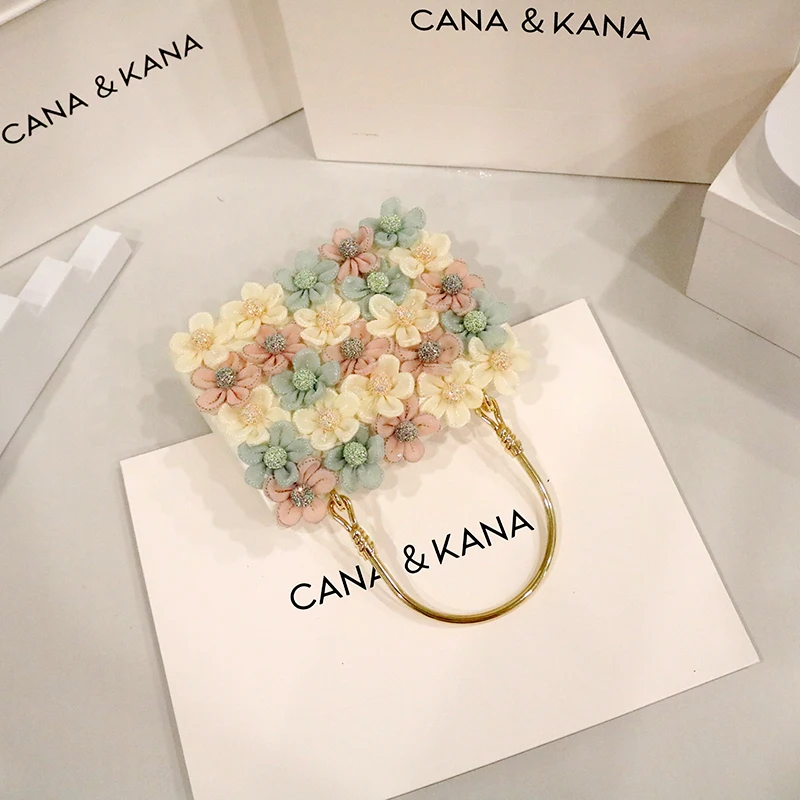 Sequin Applique Colored Flowers Fairy Bag Women Fashion Shoulder Bag Gold Metal Handle PU Leather Luxury Handbag Chain Strap