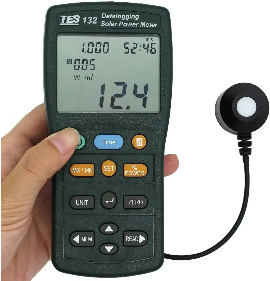 TES-132 Handheld Solar Power Meter Tester 400-1Knm Range 2000W/m2 & 634Btu/(ft2h) Data Logger SD Card 2G USB TES132