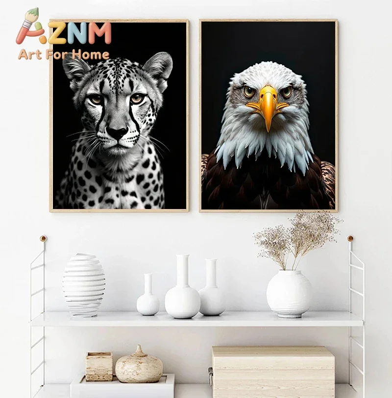 Lion Cub Koala Fox Rabbit Wolf Owl Panda Meerkat Cat Portrait Poster  Canvas Painting Print Black and White Room Home Decoration