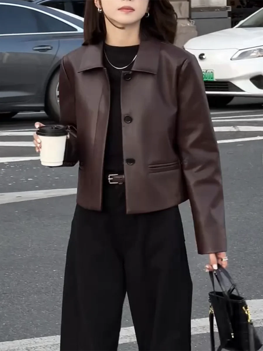 

Elegant Pure Color Sheepskin Leather Jacket Women's Collar Single Button Slim Fit Short Coat for Young Women Commute Style