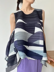 Miyake Pleated Women's Sleeveless Vest T-shirt Fashion Geometric Print Simple Premium Loose Top Women Clothing