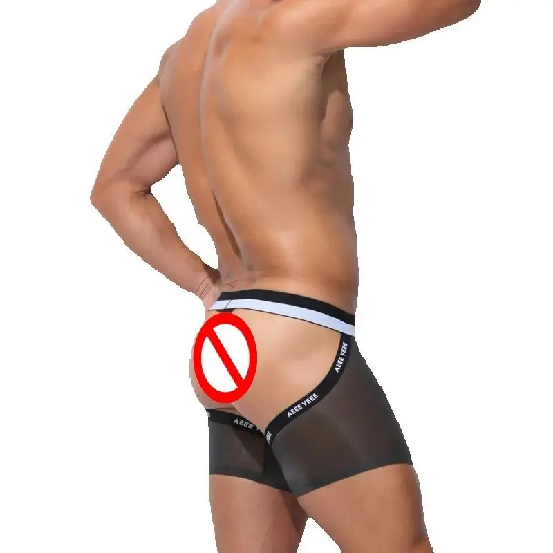 

Men's Ultra-Thin Ice Silk Boxer Shorts Hollow out Back Sexy Transparent U-Shaped Large Pouch for Breathability And Quick-Dry