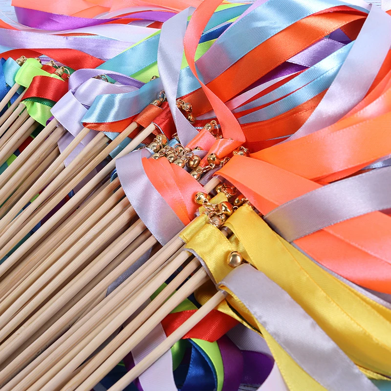 Varitas de boda con campanas doradas para decoración, cinta colorida antimanchas, palo mágico, 20/50 piezas