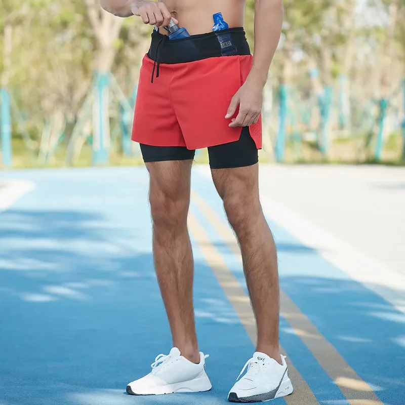 Pantaloncini da corsa per maratona all\'aperto a due piani da uomo, palestra, fitness, corsa, pantaloncini da allenamento da jogging con tasca ad