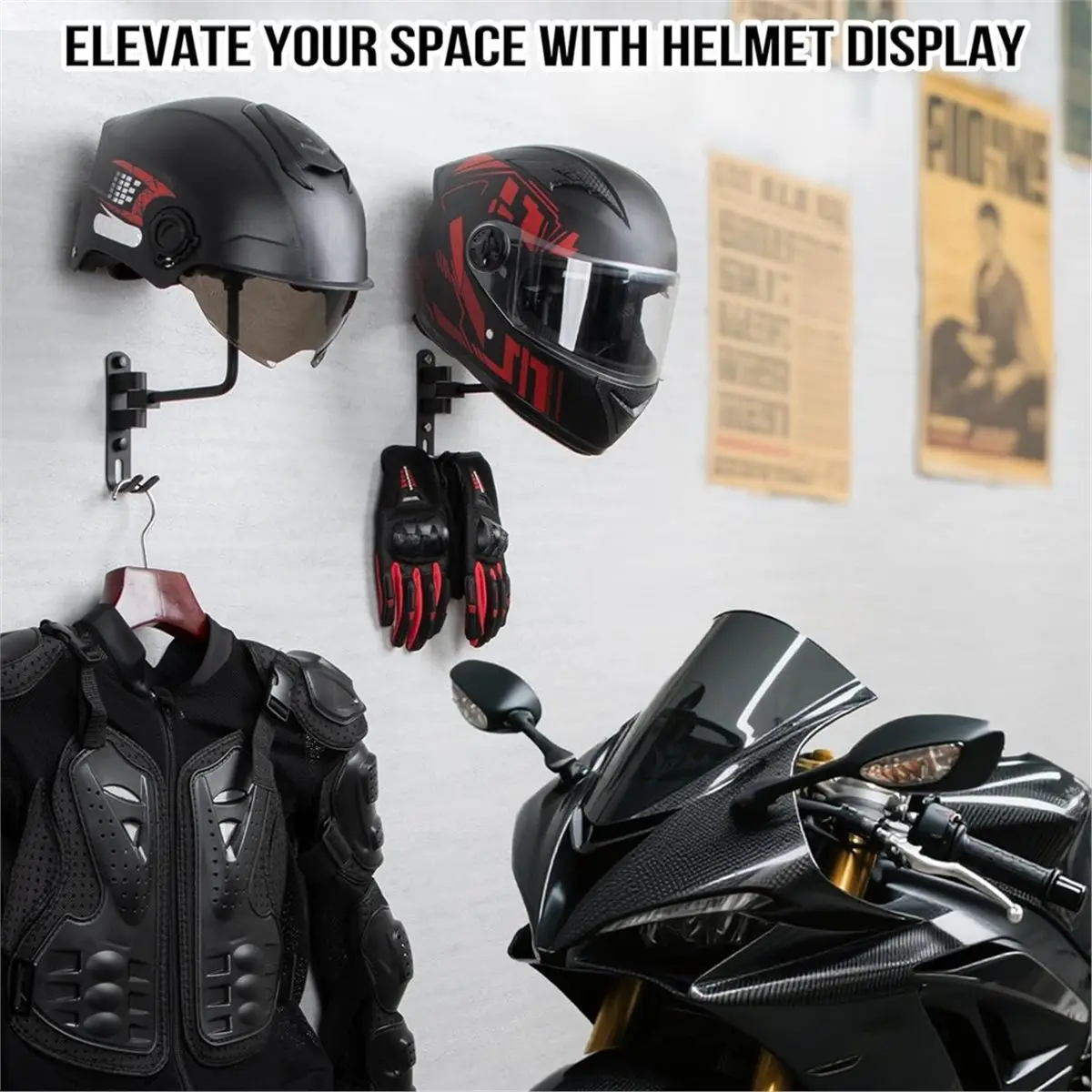 N94R Helmet Holder Wall Mount -3 Pack 180° Rotation Helmet Hanger for Motorcycle Bike Racing Outerwear Sports Gear Display