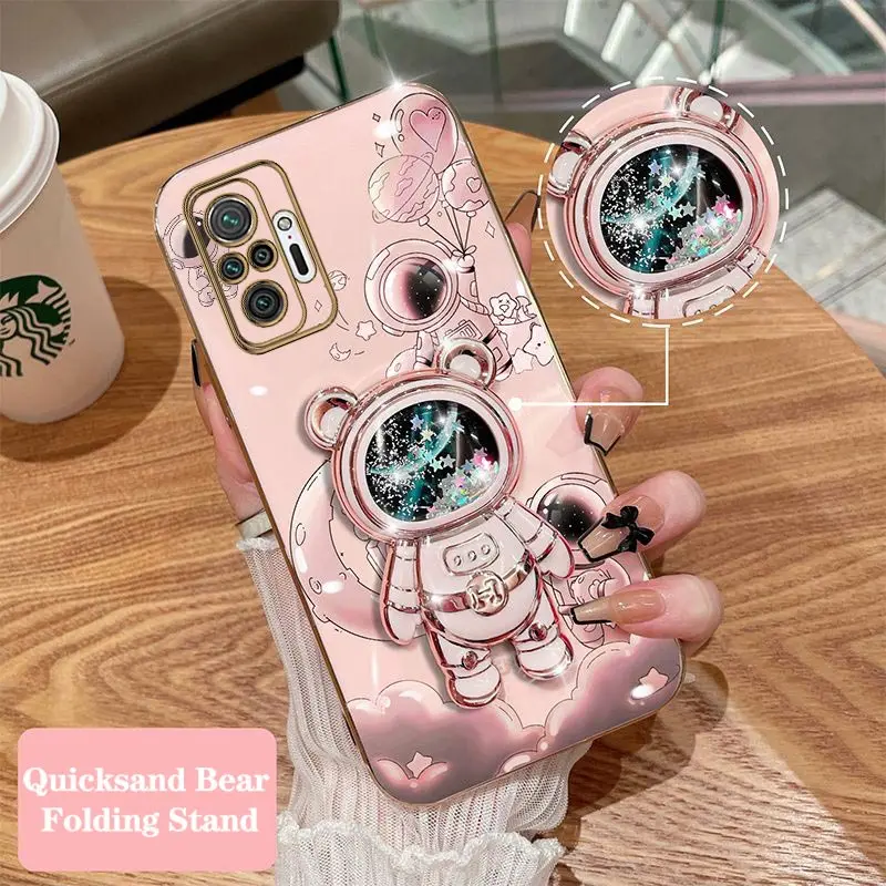 Quicksand Astronaut Plating Phone Holder Case For Xiaomi Redmi Note 10 10S 10Pro 11Pro 11 11S 9 9Pro 9T Cover