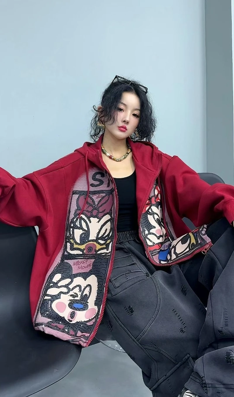 American Casual Retro Cartoon Sequin Zipper Hooded Sweatshirt Loose Fit Long-sleeves Top Casual Jacket Kawaii Clothes Hoodies