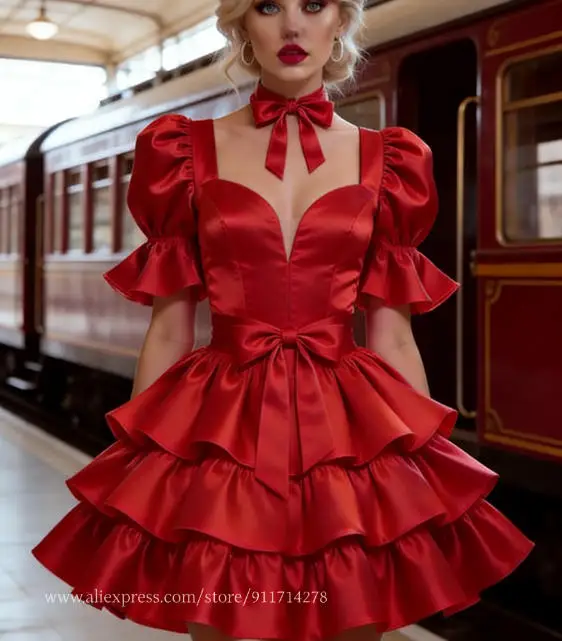 Kurzes Ballkleid mit Rüschen, Puffärmel, Mini-Cosplay-Party-Kostüm, maßgeschneidertes Heimkehr-Geburtstags-Abendkleid für besondere Anlässe