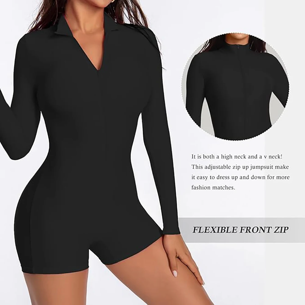 SPEERISE Women Long Sleeve One Piece Jumpsuit Short Pants Leotard Romper Sexy Zip Front Workout Bodysuit Athletic Casual Yoga
