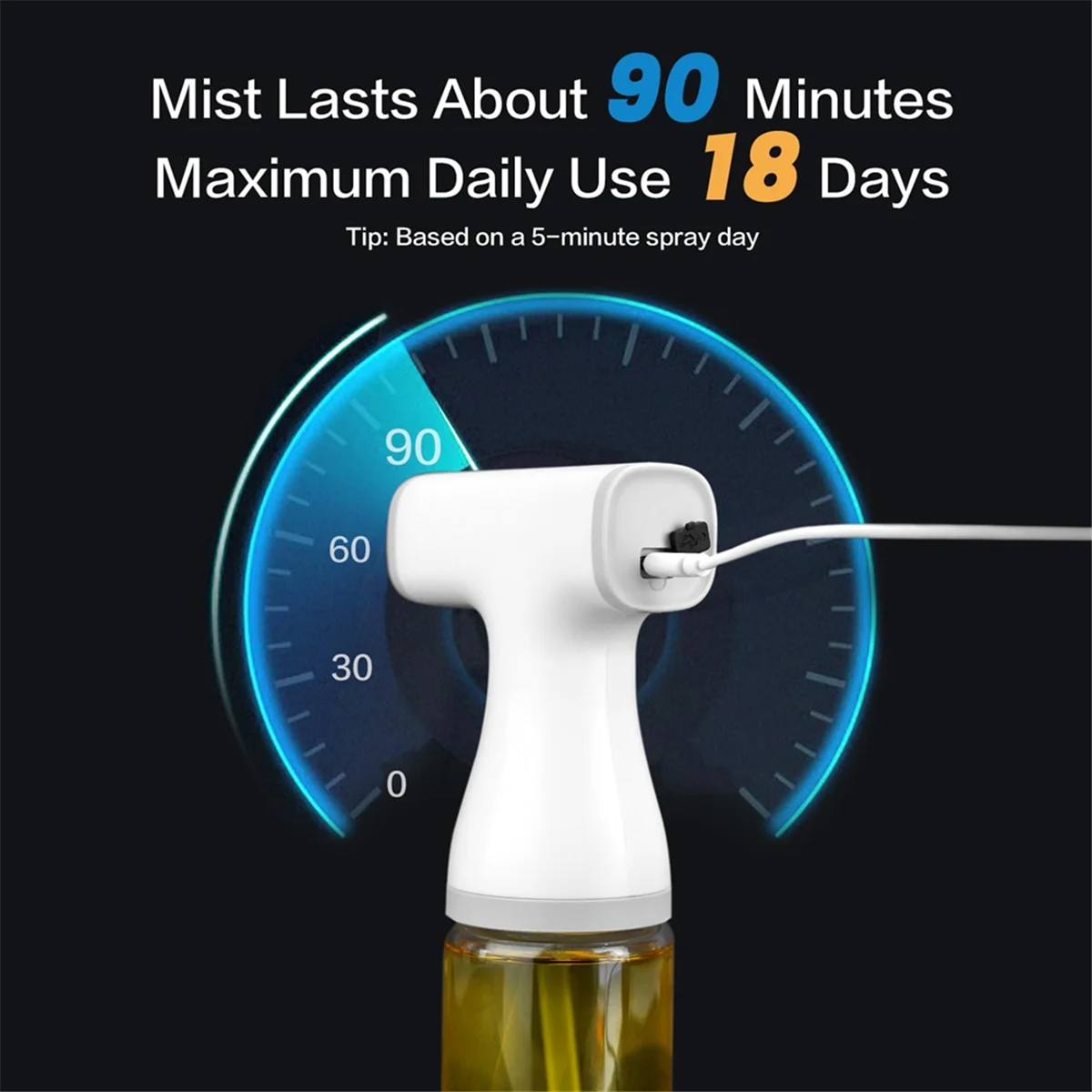AA91 Electric Olive Oil Sprayer for Cooking, 8.5oz/250ml Adjustable Misting Range Olive Oil Dispenser Bottle with Led Light view 5