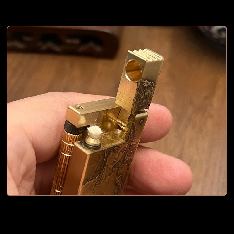 Trench Kerosine Lighter Full Brass Body Classic Retro Engraved Surface Side Wheel Ignition Slim & Sealed Smoking and Collecting - Image 6