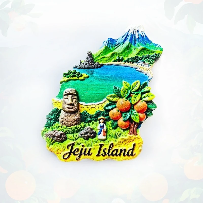 Imán de Nevera de la Isla de Jeju - Encantador Recuerdo Coreano Único en 3D con Diseño de Dol Hareubang y Árbol de Mandarina, Regalo y Coleccionable de Viaje