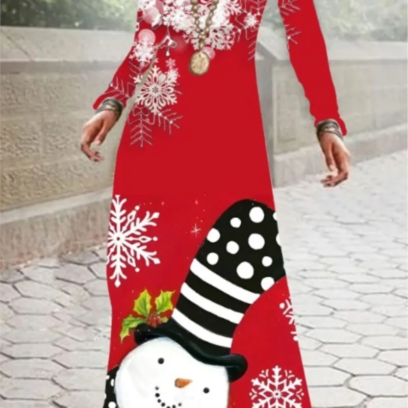 

Autumn Winter Women's Clothing New Fashion Plant Christmas Print Casual Round Neck Waist Cinched Long Sleeved Dress