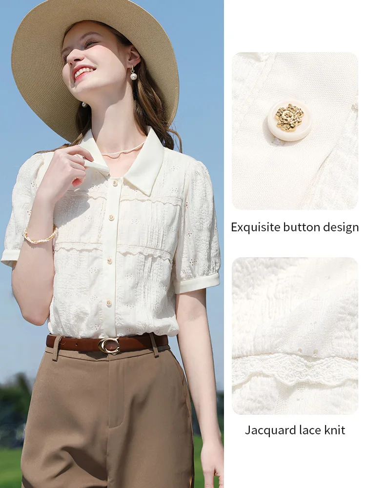 I BELIEVE YOU ผู้หญิง Apricot ลูกไม้ฝรั่งเศส Jacquard เสื้อ 2025 ฤดูร้อน Lapel ประณีตปุ่มเดี่ยว Breasted Tops 2252056026