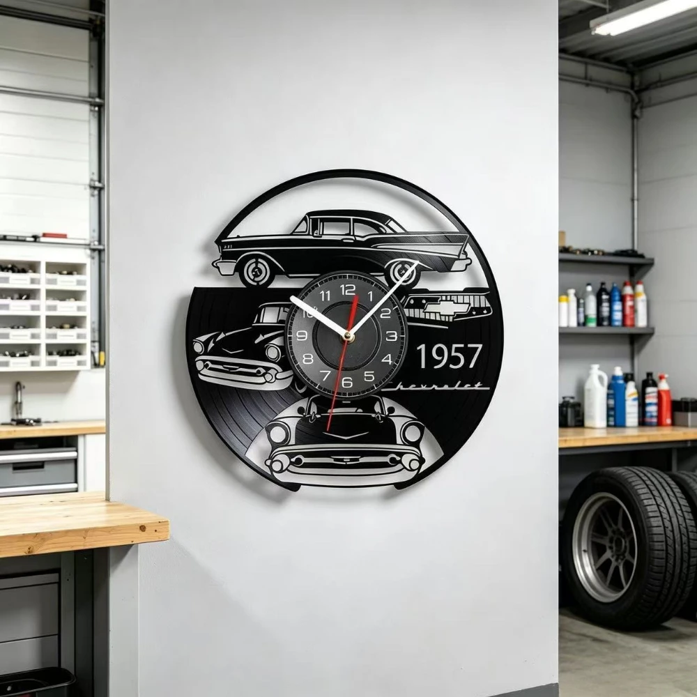 Vintage 1957 Classic Car Vinyl Wall Clock Silent Retro Automobile Art Wall Decor Gift for Car Enthusiast Home Garage Decoration