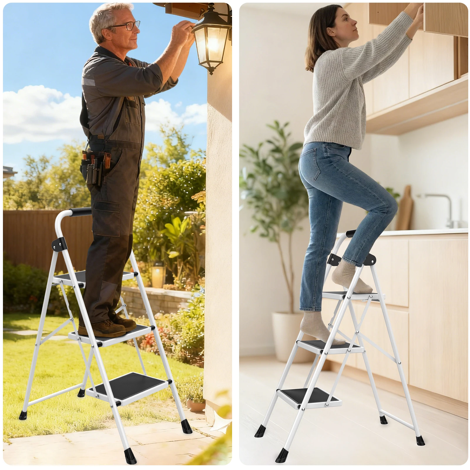 Escalera Plegable de 3 Peldaños JHK con Pedal Antideslizante, Capacidad de 330 lb, Escalón Portátil de Acero Resistente para el Hogar