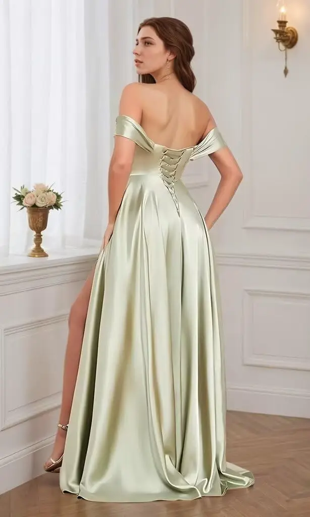Vestidos largos de dama de honor de satén para mujer con hombros descubiertos hasta el suelo vestido de fiesta de graduación