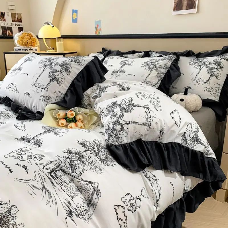 

Ink Style A-class Skin Friendly Washed Cotton Four Piece Set With Lotus Leaf Lace Bedding, Bedsheet, Duvet Cover, Single Bed