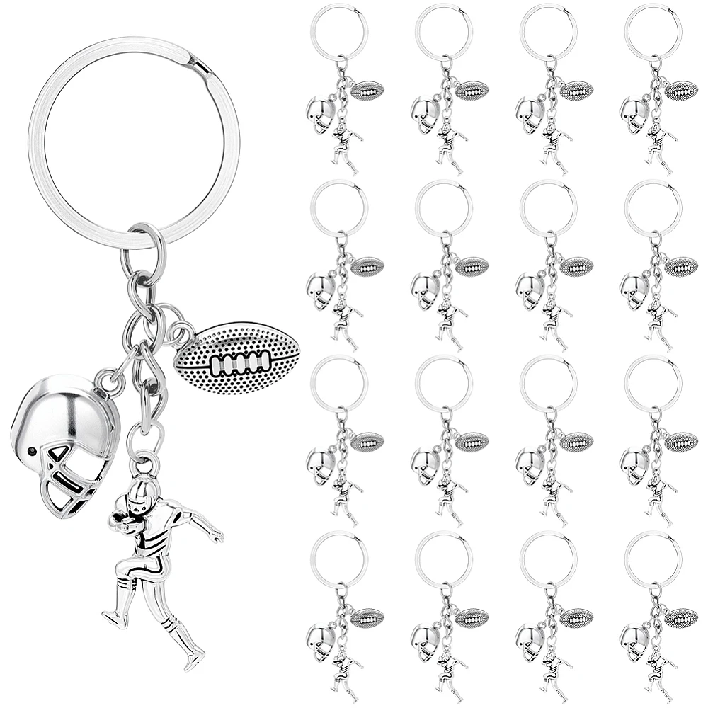20Pcs Sports Alloy Keychains with Iron Split Key Rings Rugby Player Helmet Silver 84mm