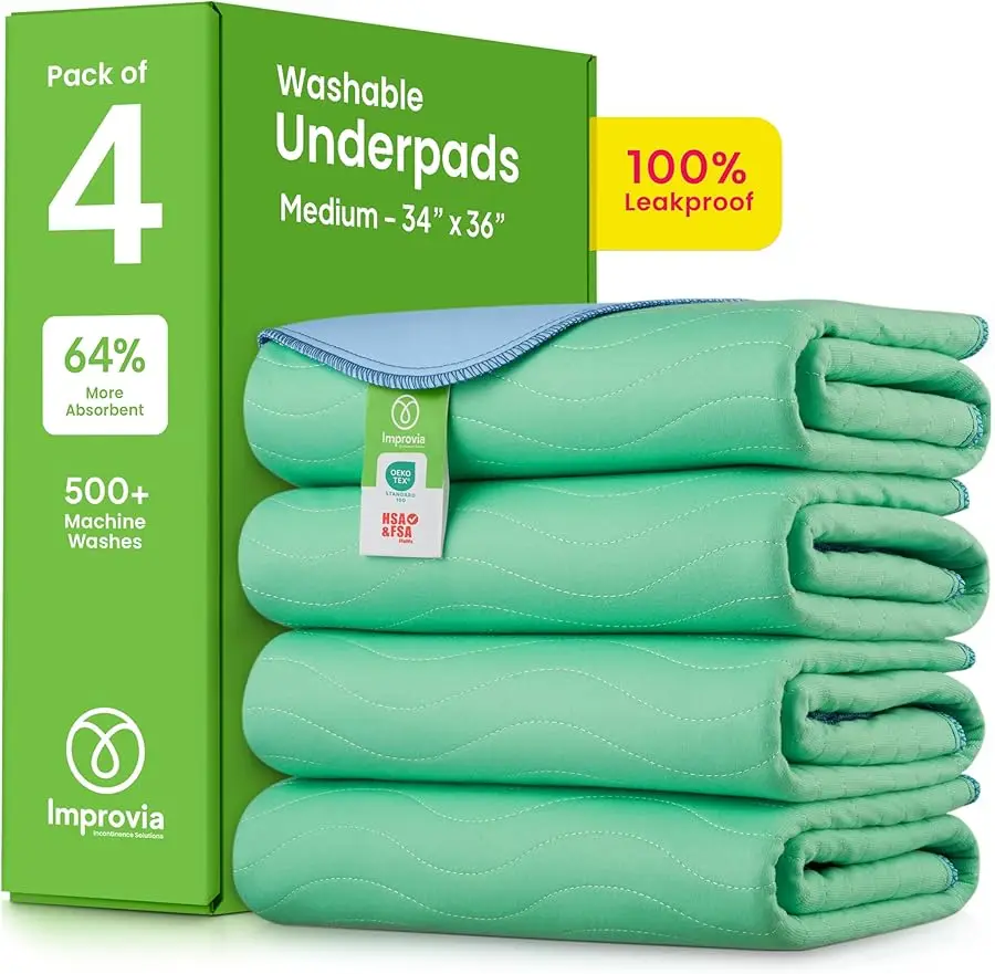

IMPRO IA® Washable Underpads, 34" x 36" (Pack of 4) - Hea y Absorbency Reusable Bedwetting Incontinence Pads for Kids, Adults, E
