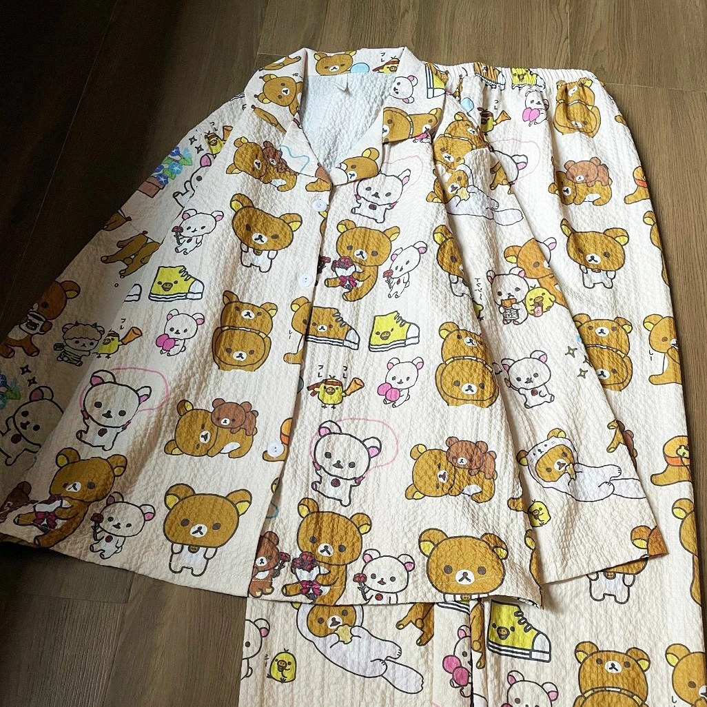 Cartoon Rilakkumas 2PCS Pajamas Set for Women Kids Cute Korilakkuma Printed Loong Sleeve Sleepwear Loose Homewear Nightwear Suit