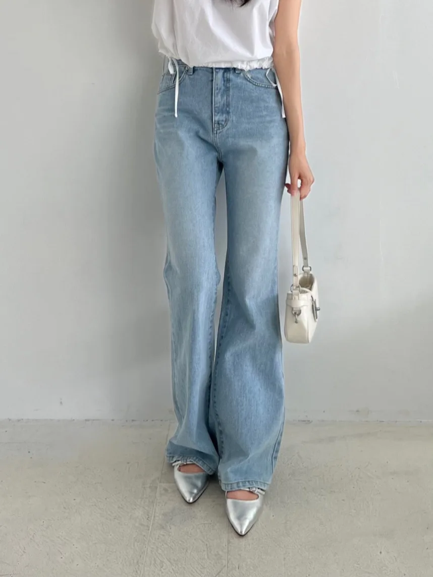 

Retro High Waist Bell Bottom Jeans Women's Distressed Long Pants Slimming Leg Lengthening Washed Blue Denim Casual Skinnies